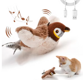 Muffy USB rechargeable interactive flapping bird cat toy with colorful feathers and moving wings for feline entertainment