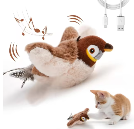 Muffy USB rechargeable interactive flapping bird cat toy with colorful feathers and moving wings for feline entertainment