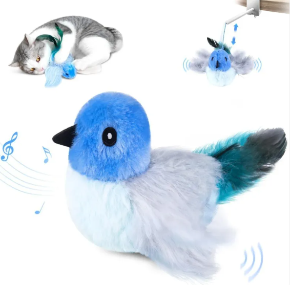 Muffy USB rechargeable interactive flapping bird cat toy with plush body and moving wings, designed to entertain cats.