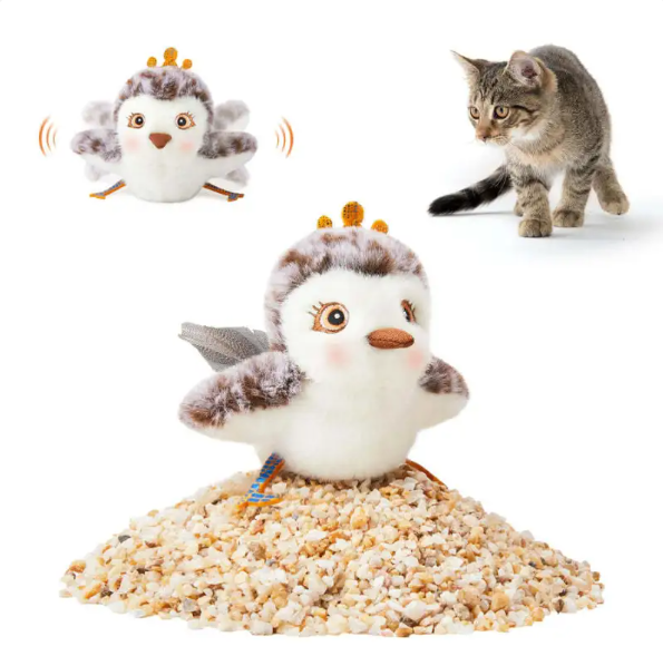 Muffy USB rechargeable interactive flapping bird cat toy with feathers and plastic body, designed to entertain cats.