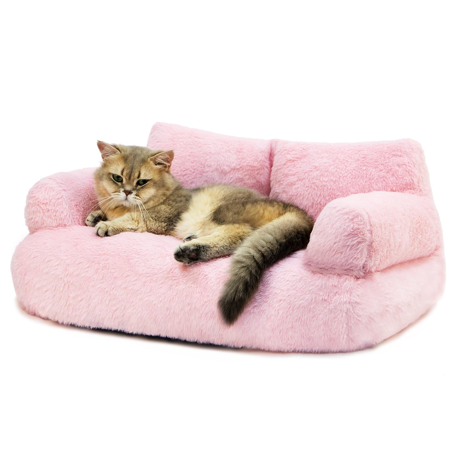 Pink FAMIDGE cat bed by Muffy, washable indoor pet couch with plush fabric, suitable for small or medium cats up to 18 lbs.