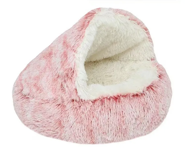 Pink semi-closed pet bed with universal cover nest for small pets, featuring cozy design and soft fabric for comfort.