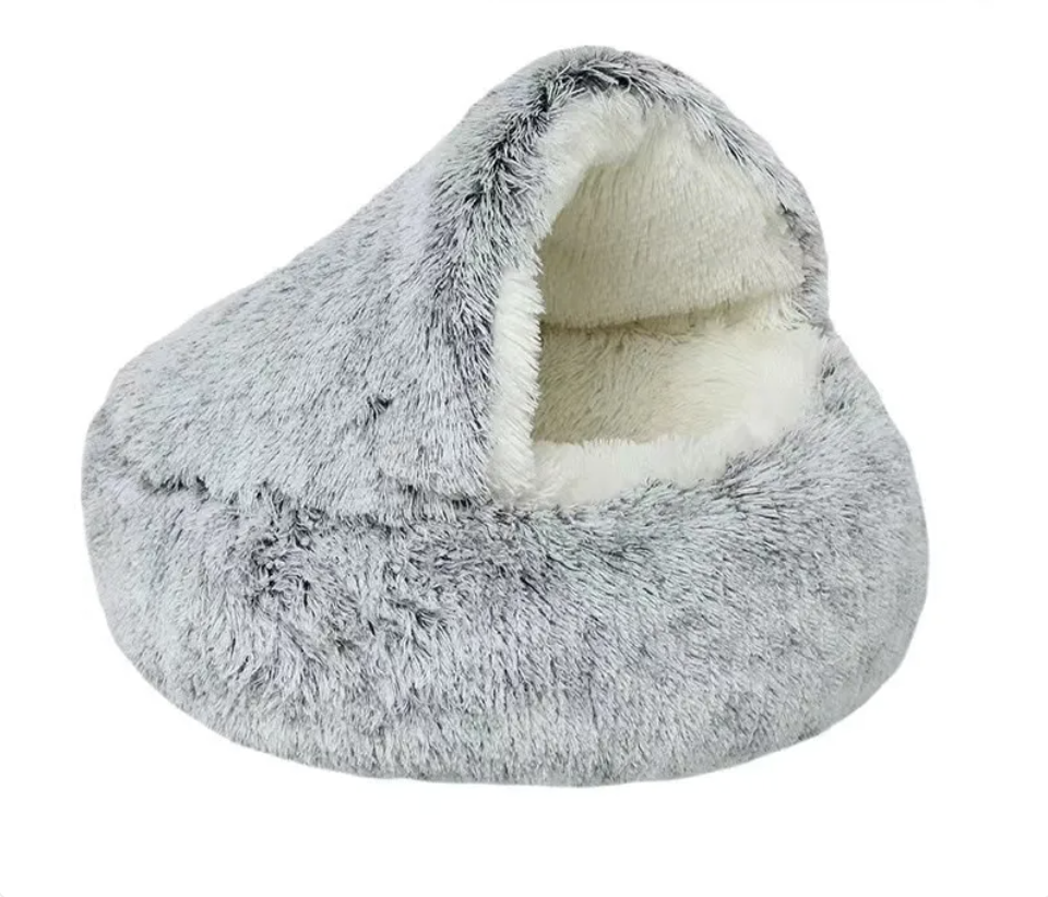 Pink semi-closed small pet bed with universal cover nest by Muffy, featuring soft fabric and cozy enclosure for pets.