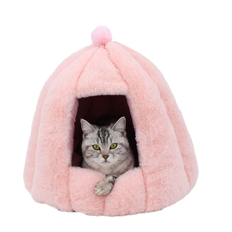 Pink enclosed warm cat litter box by Muffy designed for deep sleep comfort and cozy indoor use.