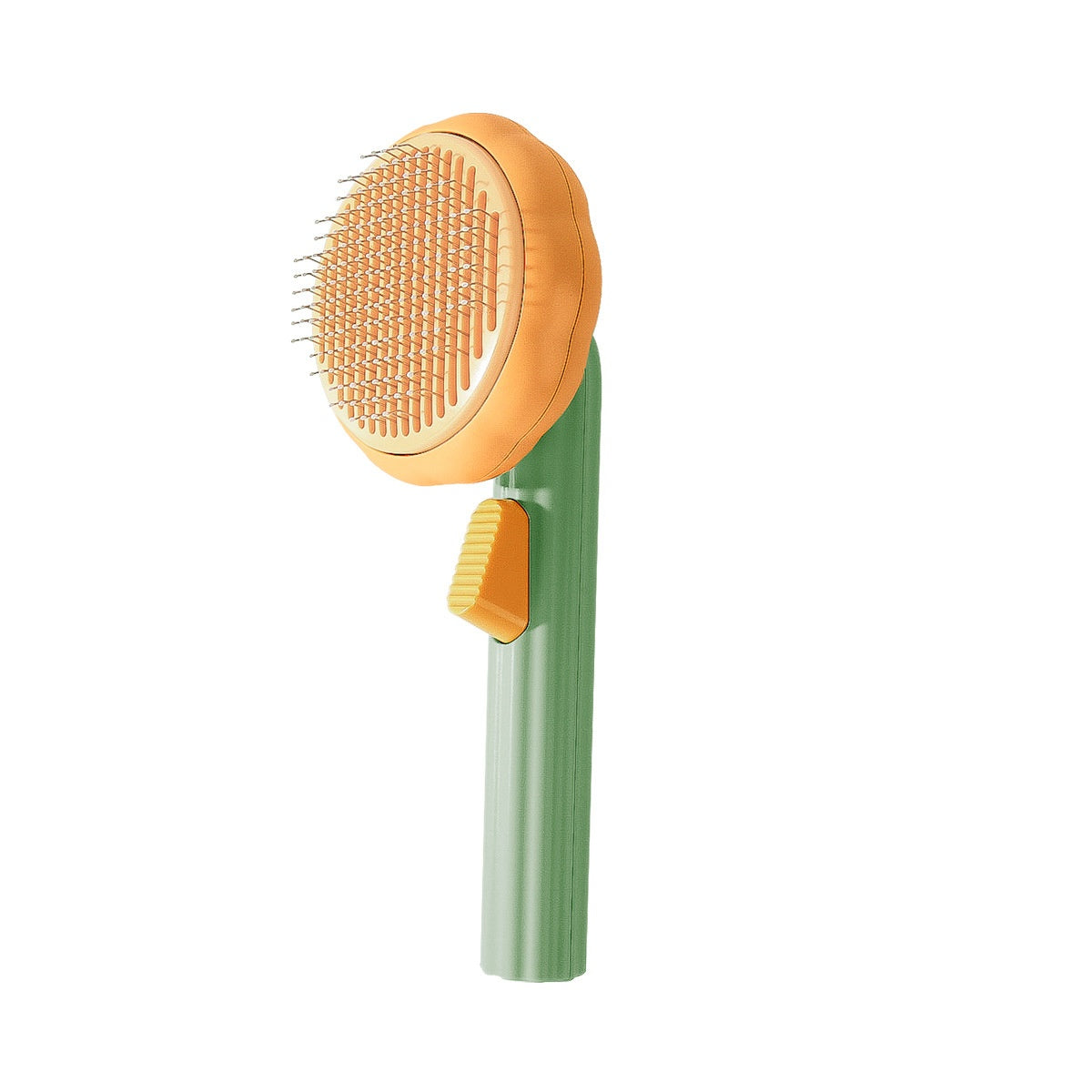 Purple Pumpkin Pet Grooming Brush by Muffy, showing the ergonomic handle and bristles for gentle pet fur grooming.