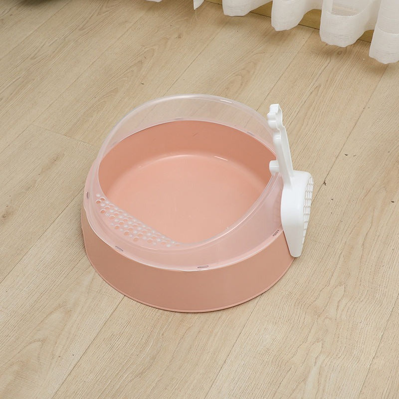 Large semi-enclosed pink cat litter box with matching scoop, designed for easy cleaning and privacy for cats.