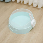 Large semi-enclosed pink cat litter box with matching scoop by Muffy, designed for easy cleaning and privacy.