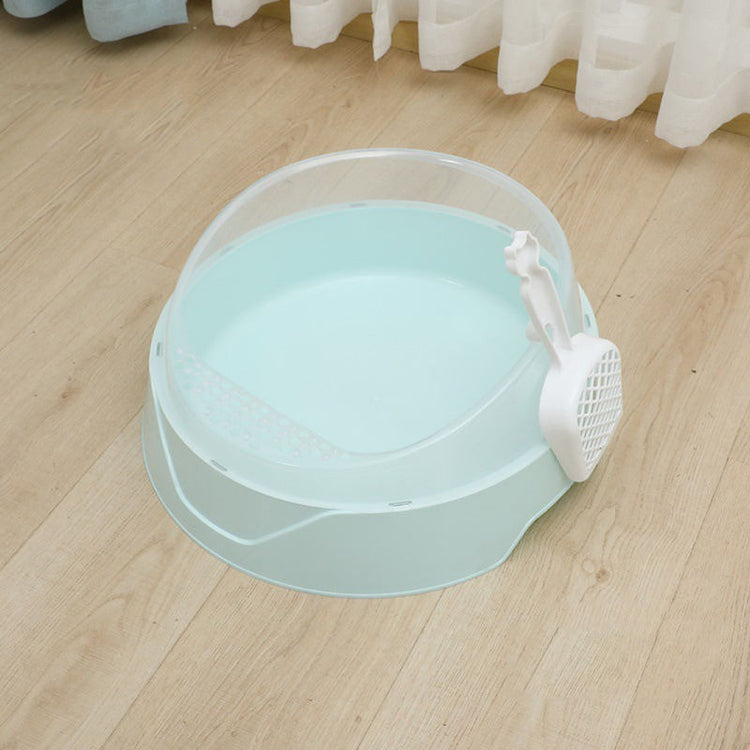 Large semi-enclosed pink cat litter box with matching scoop by Muffy, designed for easy cleaning and privacy.
