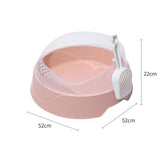 Large semi-enclosed pink cat litter box by Muffy with an included litter shovel, designed for easy cleaning and privacy.