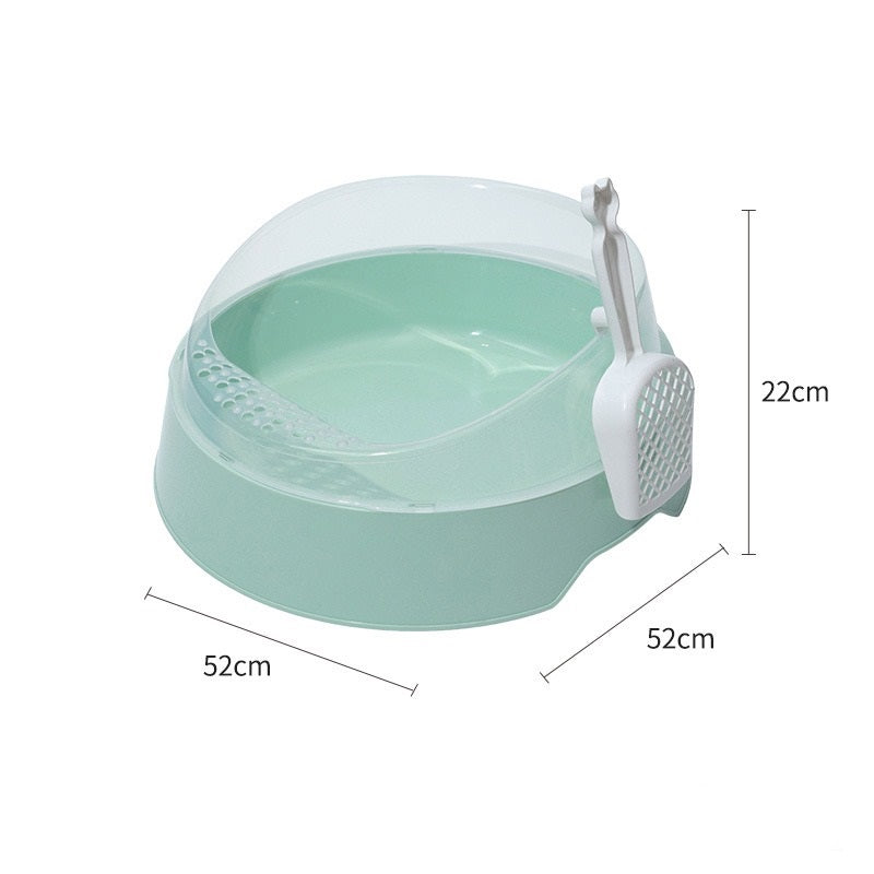 Large semi-enclosed pink cat litter box by Muffy with a matching shovel, designed for easy cleaning and privacy for cats.