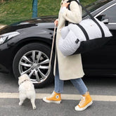 Grey striped Muffy Pet Travel Dog Safety Car Carrier shown in the image, designed for secure and comfortable travel for dogs.