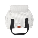 Grey Muffy pet travel dog safety car carrier with striped design, securely fits in car for safe pet transportation.