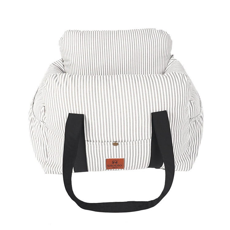 Grey Muffy pet travel dog safety car carrier with striped design, securely fits in car for safe pet transportation.