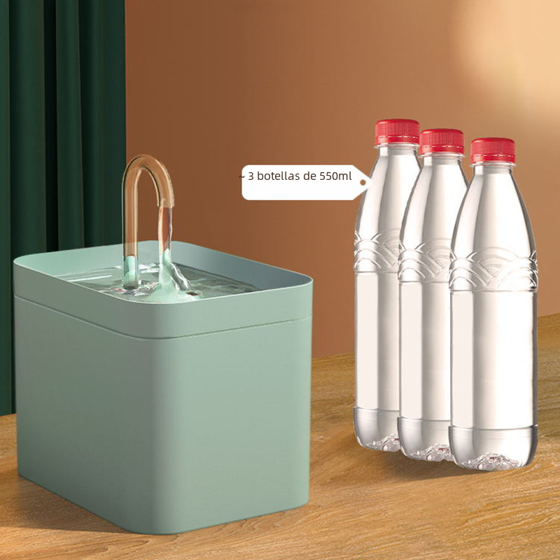Muffy automatic cat water fountain with USB interface, green cover, white crystal elbow, designed for pet hydration.