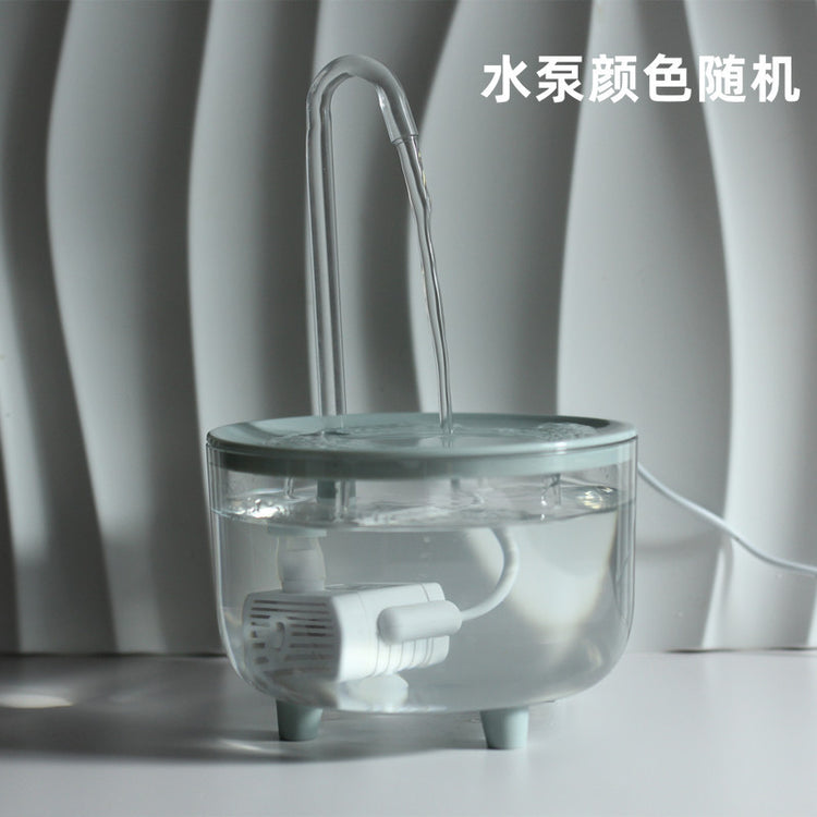 Muffy automatic cat water fountain with USB interface, green cover, white crystal elbow, designed for pet hydration.