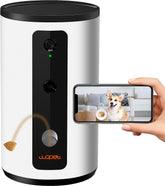 Muffy WOPET Dog Camera D01 Plus with 5G WiFi, 1080P HD, night vision, treat tossing, and two-way audio for pet monitoring.