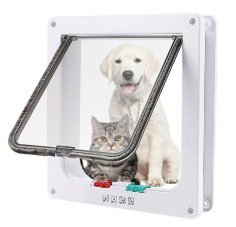 White Muffy lockable pet door with secure latch, suitable for small to medium pets, installed in a door or wall.