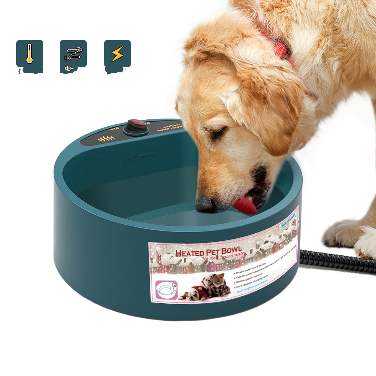 White Muffy automatic temperature-insulated smart pet heating bowl with digital control for warm pet food and water.