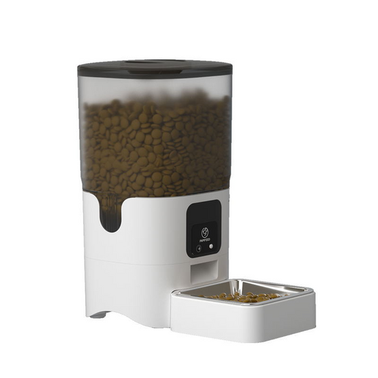 White Muffy 6L automatic pet feeder with digital controls, designed for easy feeding of cats and small dogs.