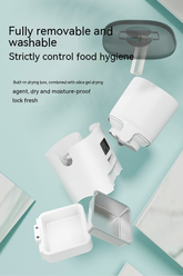 White 6L automatic pet feeder by Muffy with video-style design, featuring a digital timer and portion control for pet feeding.