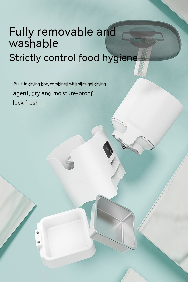 White 6L automatic pet feeder by Muffy with video-style design, featuring a digital timer and portion control for pet feeding.
