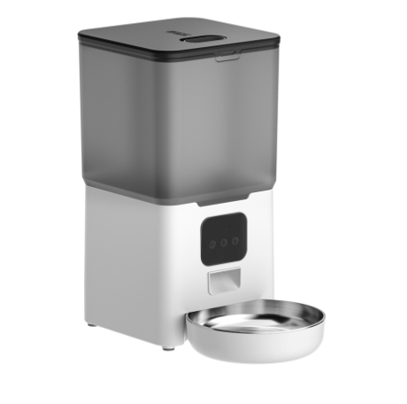 White Muffy 6L automatic pet feeder with digital display and adjustable portions for easy pet meal management.