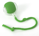 Muffy PurrPlay Self-Rolling Cat Toy Ball with green rope, designed for interactive play and feline entertainment.