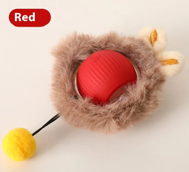Green Muffy PurrPlay self-rolling cat toy ball with rope for playful cats, featuring a colorful, interactive design.