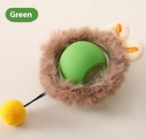 Green PurrPlay Self-Rolling Cat Toy Ball by Muffy with a rope attachment, designed to entertain cats with rolling motion.