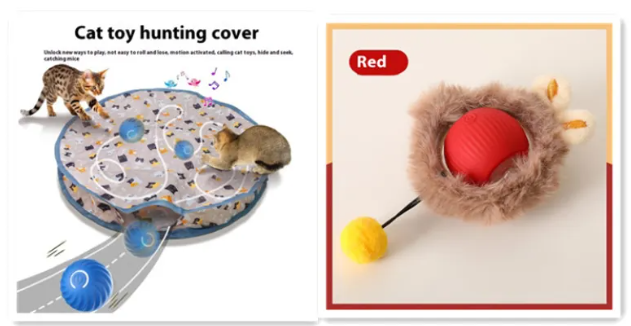 Muffy PurrPlay self-rolling cat toy ball with green rope, designed to entertain cats with moving, interactive play.