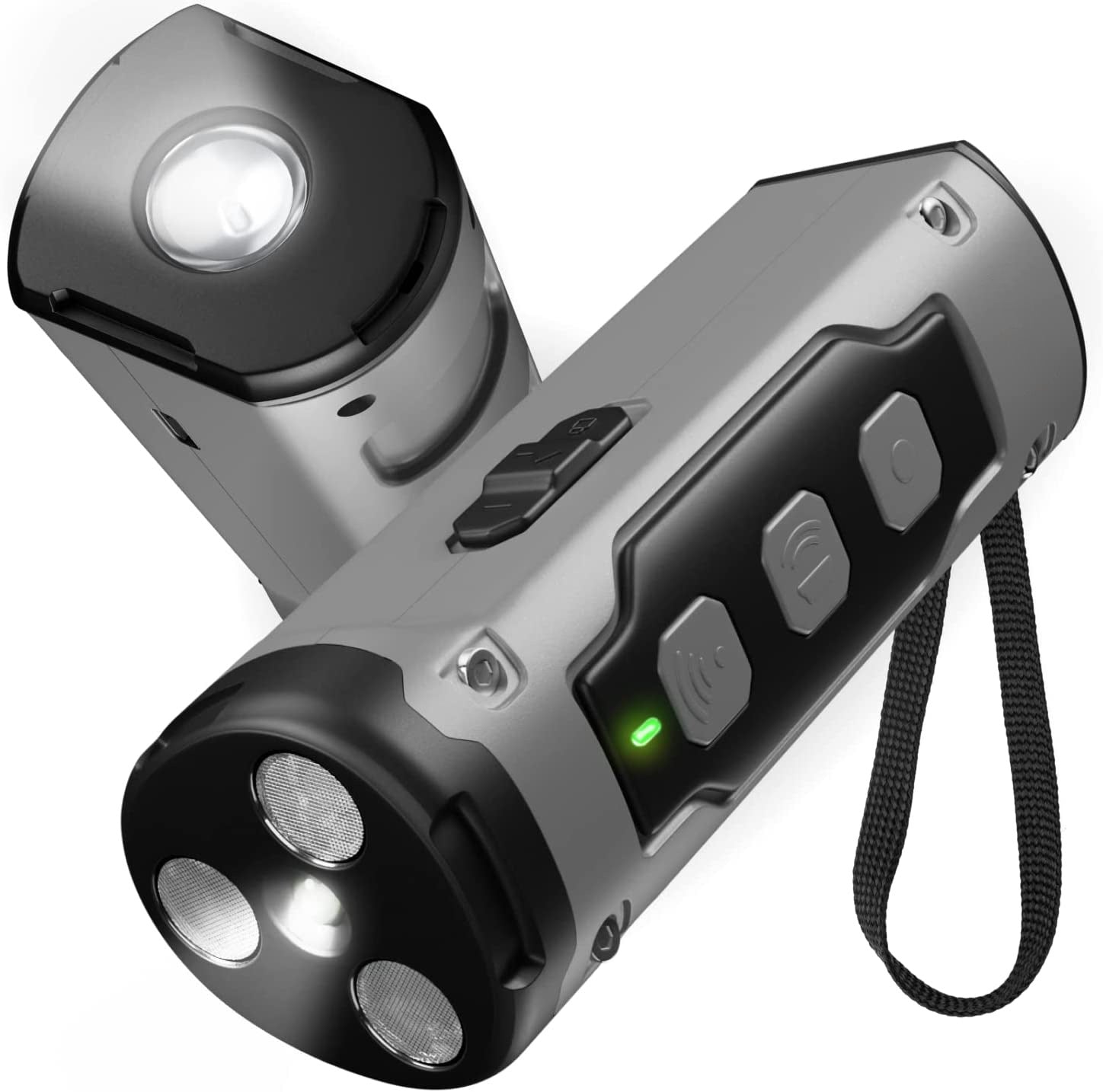 Muffy 2023 ultrasonic dog repeller with flashlight, black handheld device for humane dog deterrence and safety outdoors.