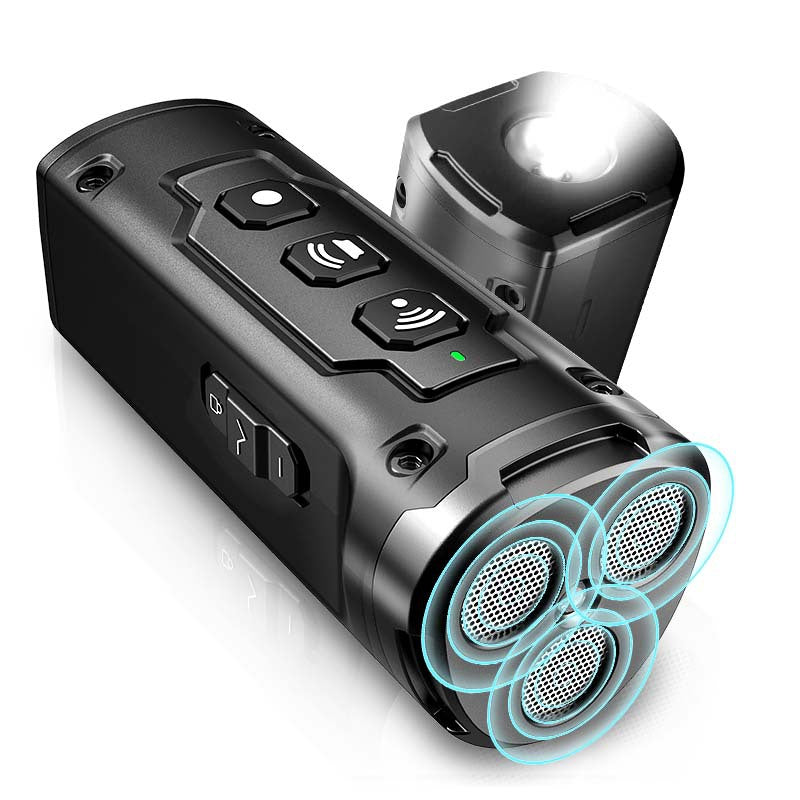 Muffy 2023 Ultrasonic Dog Repeller with flashlight in black, handheld device for humane dog deterrence and safety.